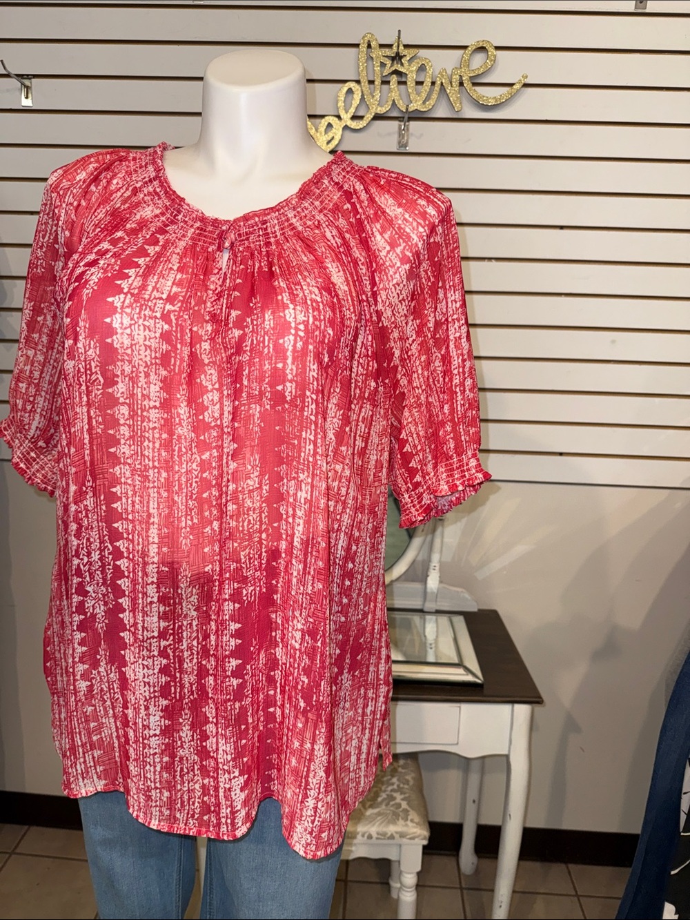 Chico’s Womens Printed Short-Sleeve Peasant Blouse